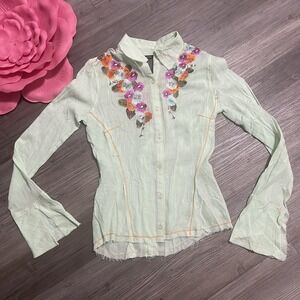 AZIZ Womens Sz S Embroidered Floral Metallic Bohemian Western Cowgirl Shirt‎